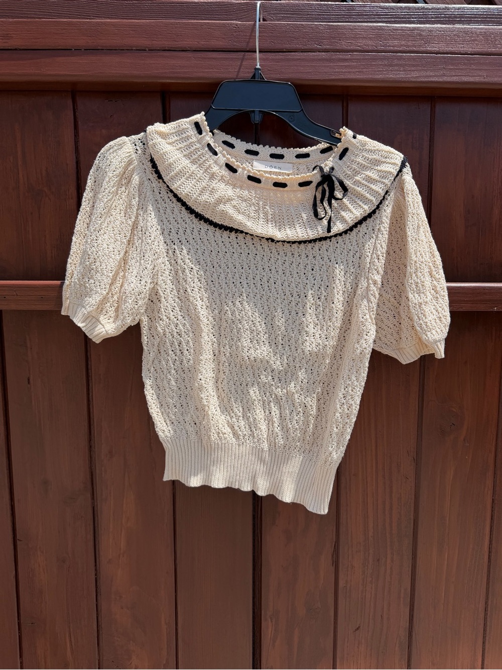 Cream Knit Puff Sleeve Sweater Top with Black Trim